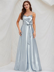 Ice Blue Satin A Line Spaghetti Straps Sleeveless Floor Length Bridesmaid Dress With Bow
