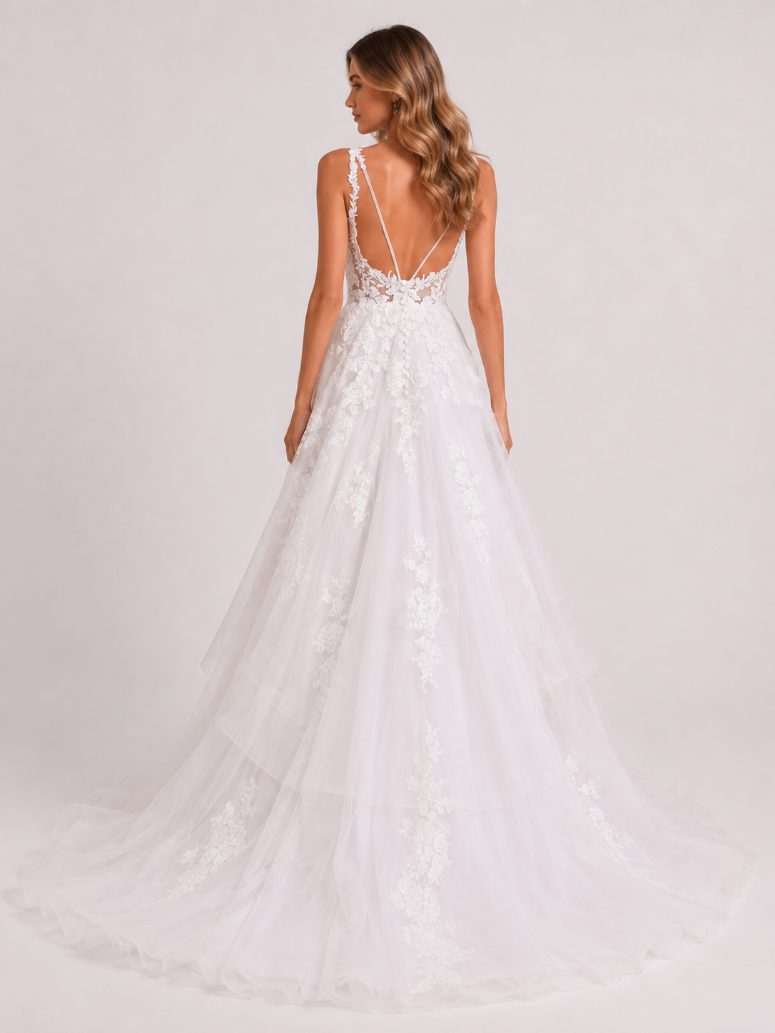 Elegant Sweetheart V-Neck Lace Applique Tulle A-Line Wedding Dress with Spaghetti Straps and Chapel Train