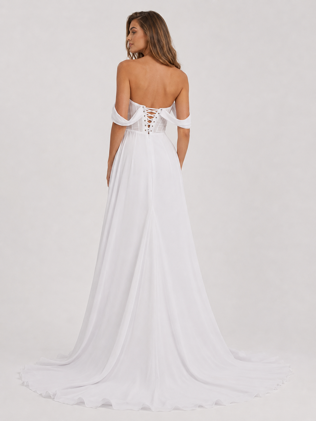 Elegant Off-the-Shoulder Draped Corset Chiffon A-Line Wedding Dress with High Slit and Sweep Train
