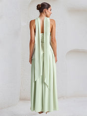 Elegant Mint Green Strapless Pleated Maxi Dress With Slit
