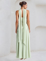 Elegant Mint Green Strapless Pleated Maxi Dress With Slit