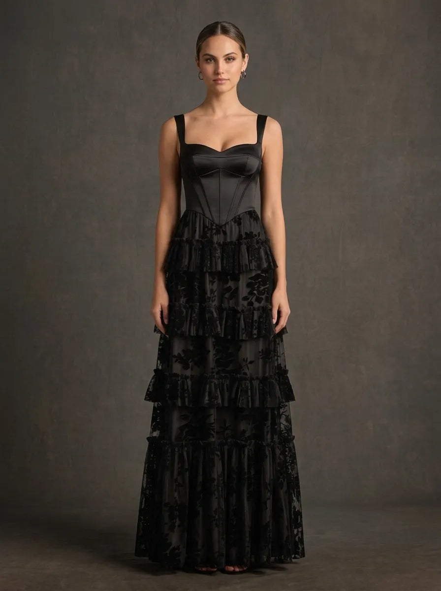 Black Square-Neck Corset Tiered Burnout Velvet Evening Dress