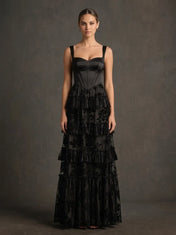 Black Square-Neck Corset Tiered Burnout Velvet Evening Dress