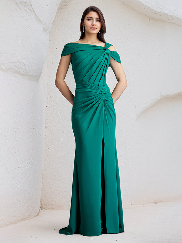 Jade Sheath Asymmetrical Neck Chiffon Long Pleated Bridesmaid Dress With Slit