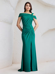 Jade Sheath Asymmetrical Neck Chiffon Long Pleated Bridesmaid Dress With Slit