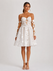Elegant Strapless Sweetheart Lace Applique Short A-Line Wedding Dress with Detachable Sleeves