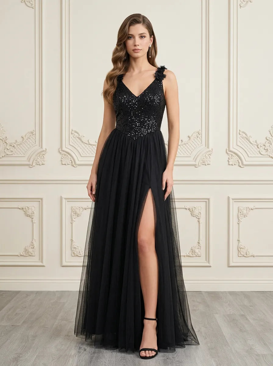 Black V-Neck Sequin Tulle Evening Dress with Slit