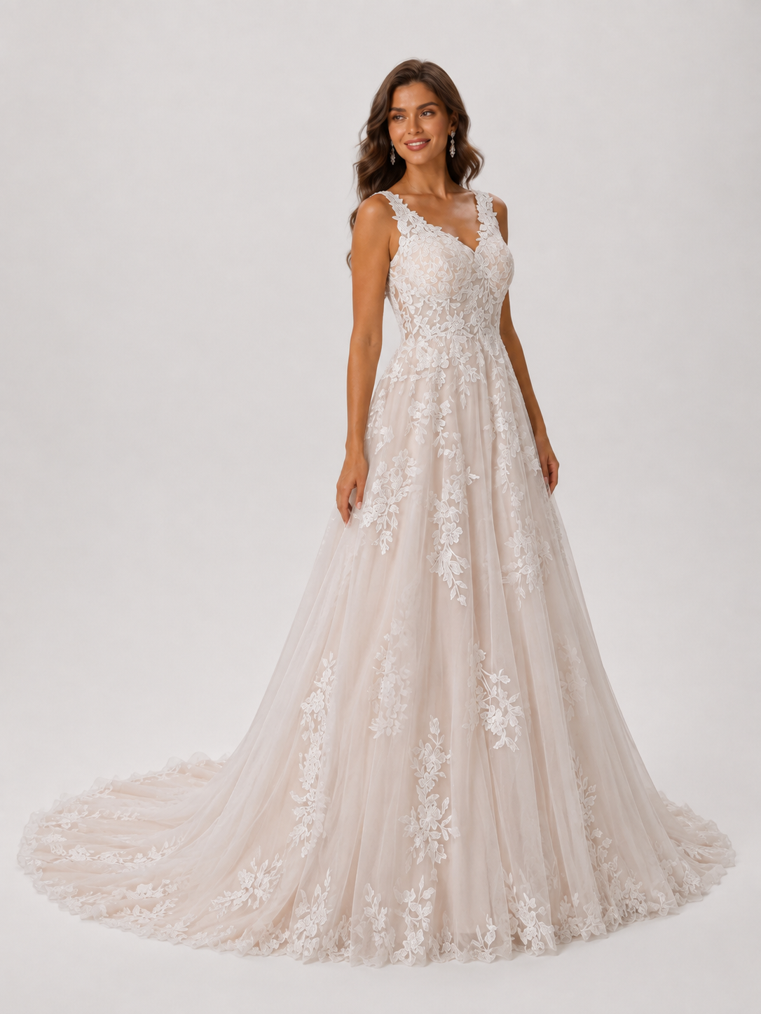 Elegant V-Neck Appliqued Tulle A-Line Wedding Dress with Chapel Train