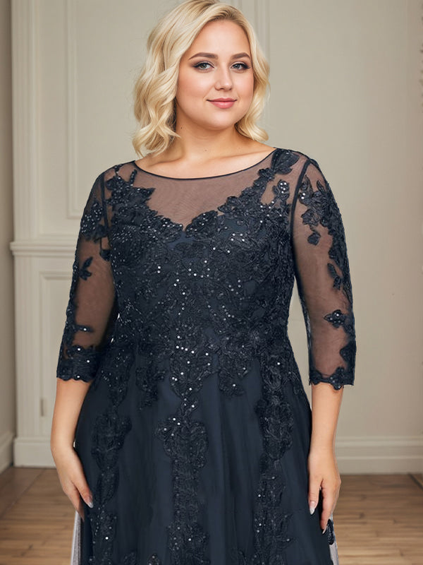 A-line Scoop Illusion Floor-Length Tulle Lace Mother of the Bride Dress With Sequins