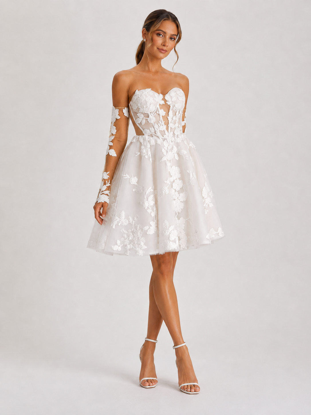 Elegant Strapless Sweetheart Lace Applique Short A-Line Wedding Dress with Detachable Sleeves