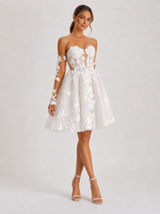 Elegant Strapless Sweetheart Lace Applique Short A-Line Wedding Dress with Detachable Sleeves