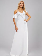 White A-Line Asymmetrical Floor-Length Chiffon Bridesmaid Dress With Ruffle