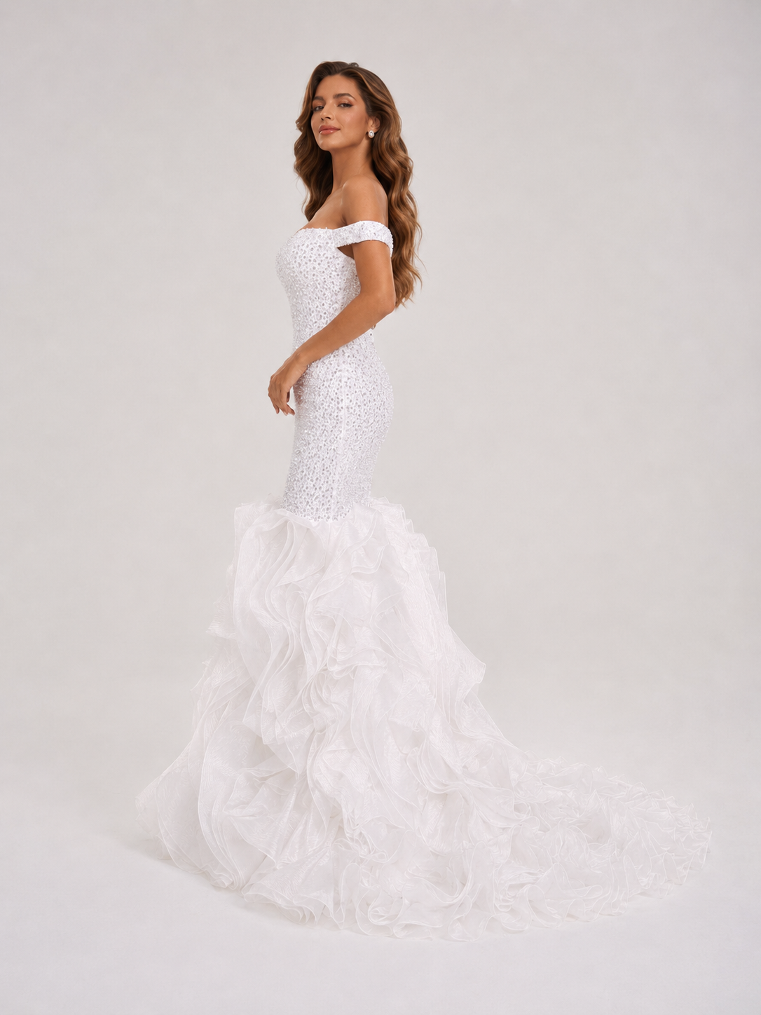 Elegant Off-the-Shoulder Beaded Mermaid Wedding Dress with Ruffled Train