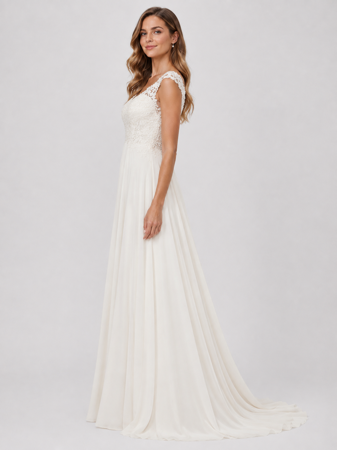 Elegant Lace Bodice Chiffon A-Line Wedding Dress with Cowl Back and Sweep Train