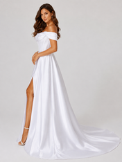 Elegant Off-the-Shoulder Draped Satin A-Line Wedding Dress with High Slit and Chapel Train