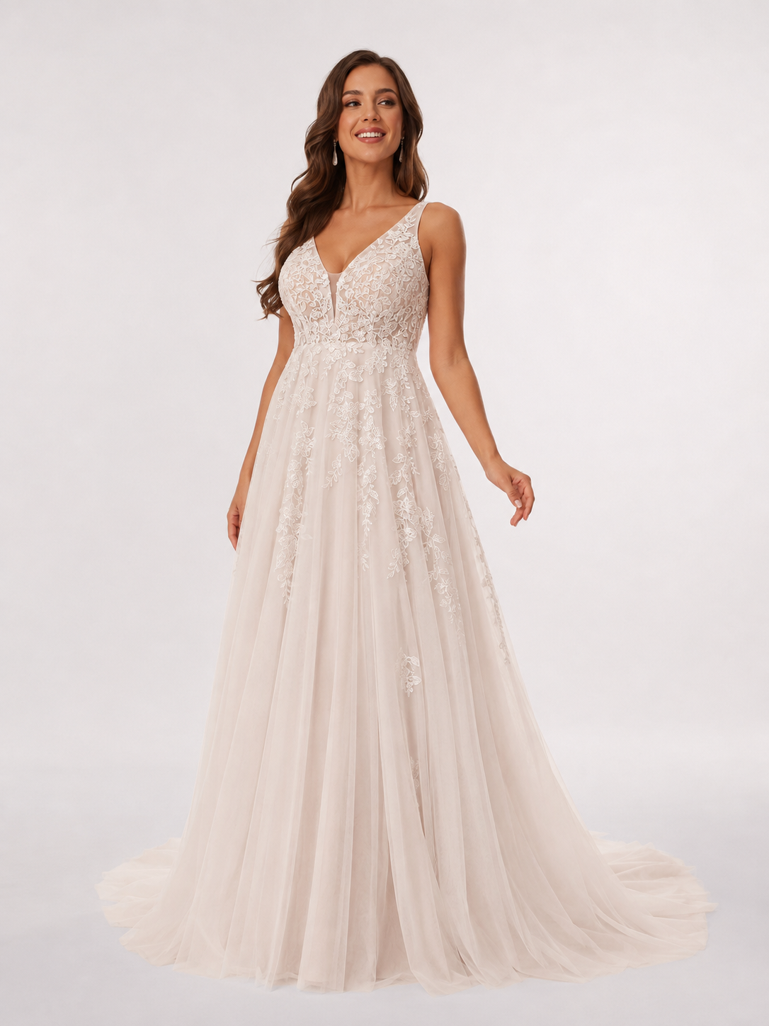 Elegant V-Neck Lace Applique Tulle A-Line Wedding Dress with Chapel Train