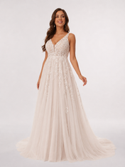 Elegant V-Neck Lace Applique Tulle A-Line Wedding Dress with Chapel Train