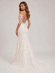 Elegant Off-the-Shoulder Illusion Lace Applique Sheath Wedding Dress with Sweep Train