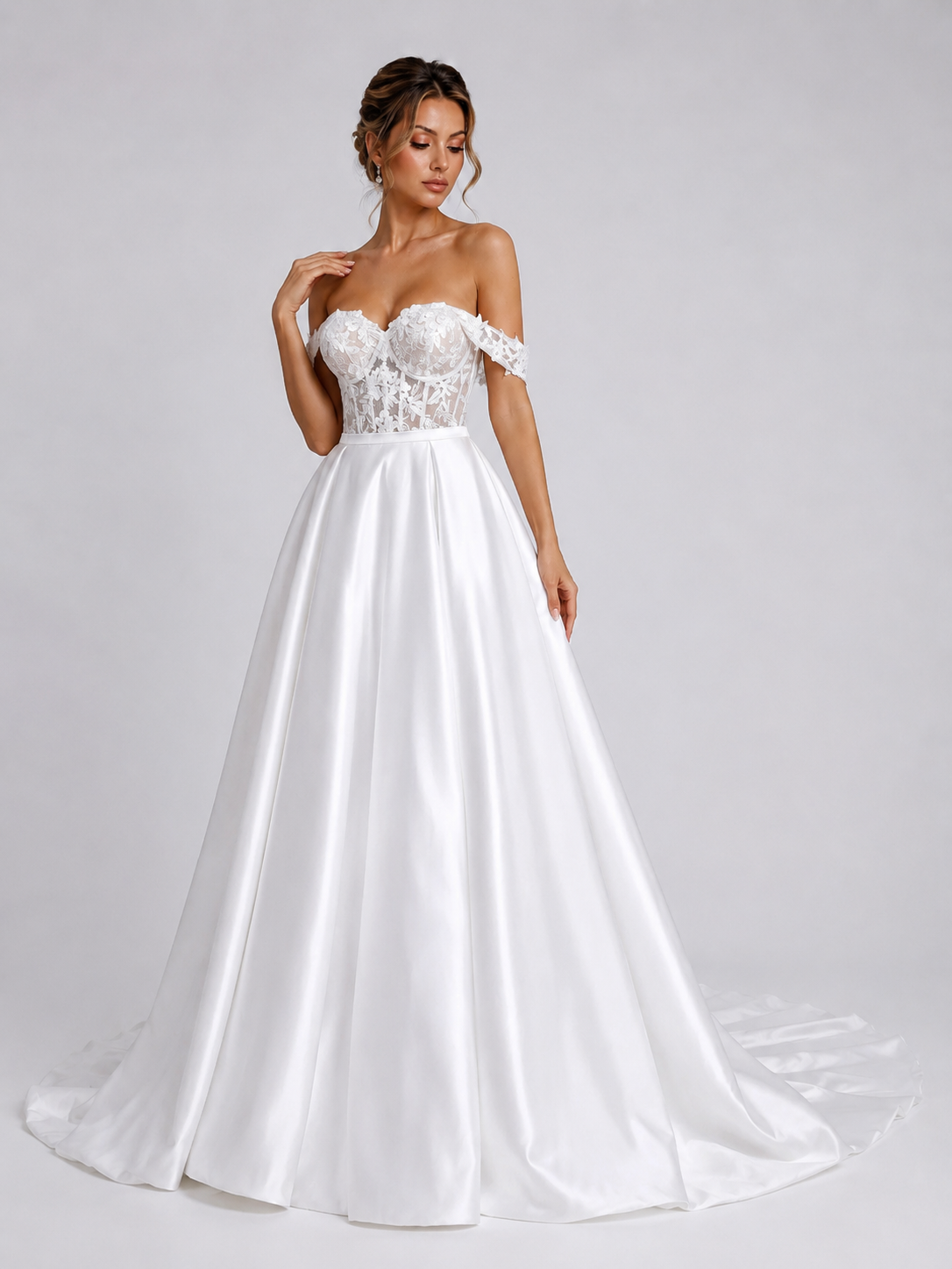 Elegant Off-the-Shoulder Lace Bodice Satin A-Line Wedding Dress with Chapel Train