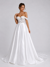 Elegant Off-the-Shoulder Lace Bodice Satin A-Line Wedding Dress with Chapel Train