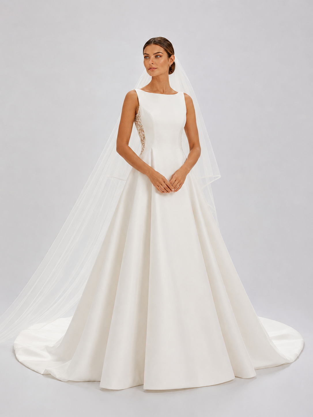 Elegant Lace Panel Satin A-Line Wedding Dress with Chapel Train