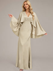 Sand A-Line V-Neck Floor-Length Satin Bridesmaid Dress