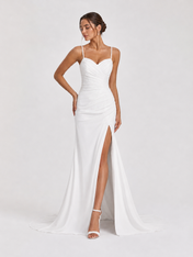 Elegant Spaghetti Strap Ruched Satin Mermaid Wedding Dress with High Slit and Chapel Train
