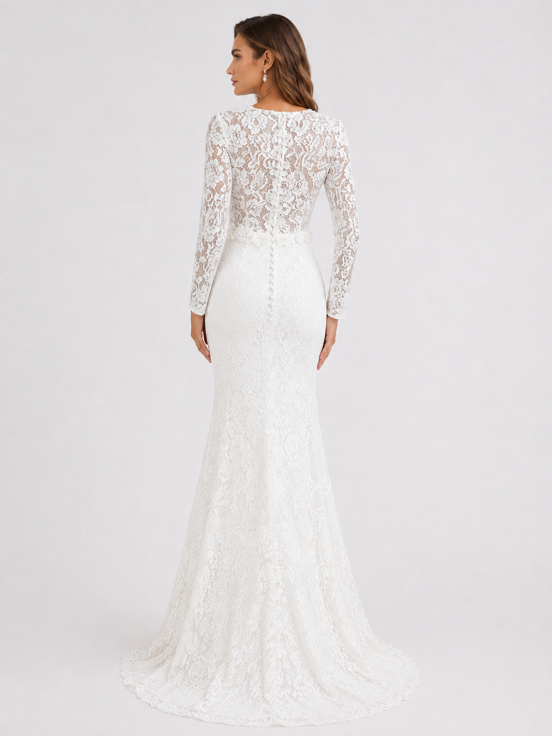 Elegant Long Sleeve V-Neck Illusion Lace Mermaid Wedding Dress with Chapel Train