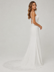 Elegant Illusion Lace Applique Spaghetti Strap Sheath Wedding Dress with Sweep Train