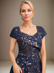 A-Line V-Neck Tea-Length Jacquard Floral Mother of the Bride Dress