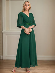 A-line V-Neck Ankle-Length Chiffon Mother of the Bride Dress With Pleated Sequins Beading