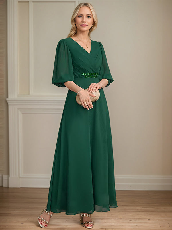 A-line V-Neck Ankle-Length Chiffon Mother of the Bride Dress With Pleated Sequins Beading
