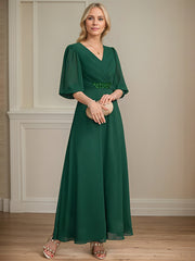 A-line V-Neck Ankle-Length Chiffon Mother of the Bride Dress With Pleated Sequins Beading
