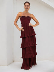 Burgundy Chiffon Sweetheart Neck Sleeveless Floor Length Dress With Cascading Ruffles