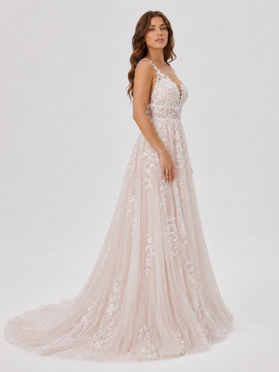Elegant Illusion V-Neck Lace Applique A-Line Wedding Dress with Chapel Train
