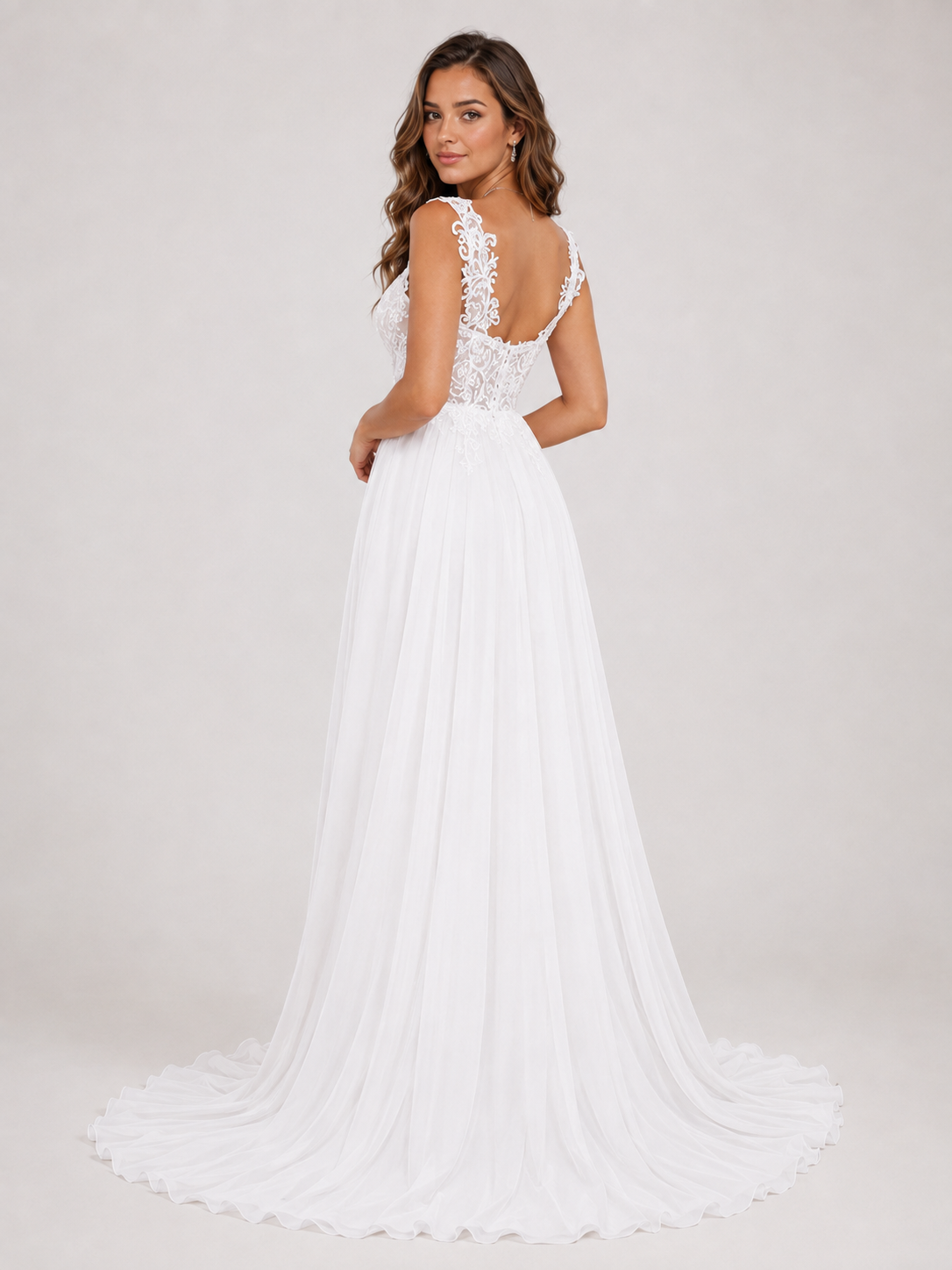 Elegant Scoop Neck Lace Applique Chiffon A-Line Wedding Dress with High Slit and Sweep Train