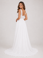 Elegant Scoop Neck Lace Applique Chiffon A-Line Wedding Dress with High Slit and Sweep Train
