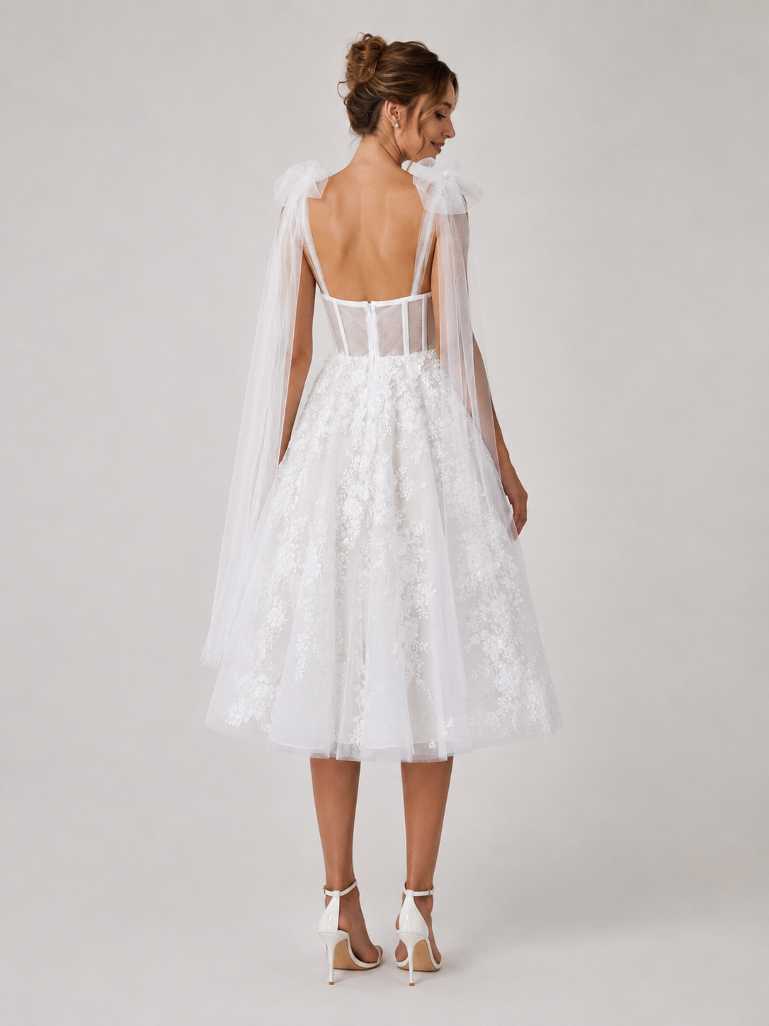 Elegant Sweetheart Lace Applique A-Line Midi Wedding Dress with Detachable Bow Straps