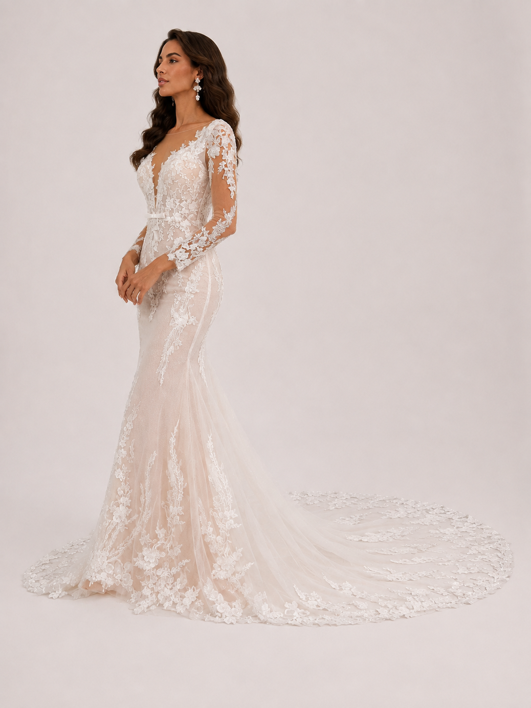 Elegant Long-Sleeve Deep V-Neck Lace Mermaid Wedding Dress with Chapel Train