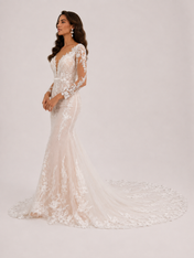Elegant Long-Sleeve Deep V-Neck Lace Mermaid Wedding Dress with Chapel Train