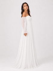Elegant Off-the-Shoulder Long Sleeve Ruched Chiffon A-Line Wedding Dress with Sweep Train