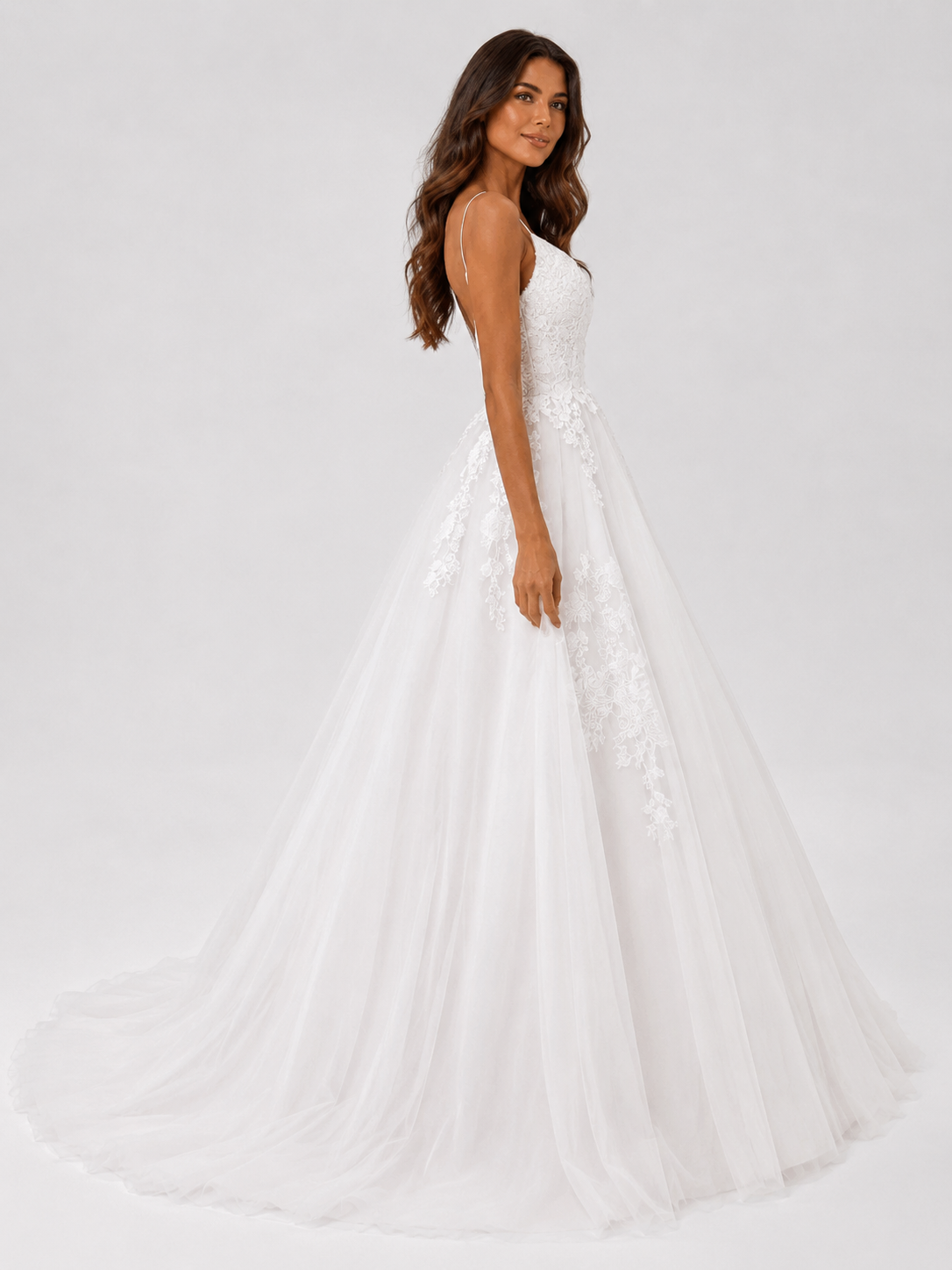 Elegant Spaghetti Strap Lace Appliqué A-Line Wedding Dress with Sweep Train
