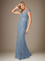 Dusty Blue Chiffon V-Neck Short Sleeves Floor Length Dress With Appliques