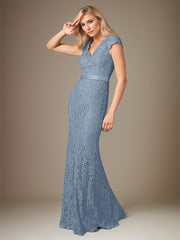 Dusty Blue Chiffon V-Neck Short Sleeves Floor Length Dress With Appliques