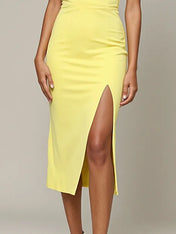 Evening Dress Yellow One Shoulder Pleated Slit Mid-length Dress