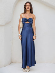 Royal Blue Satin Sweetheart Neckline Sleeveless Open Back Ankle Length Sheath Dress