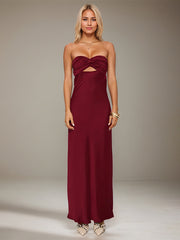Wine Red Satin Sweetheart Neckline Sleeveless Open Back Ankle Length Sheath Dress