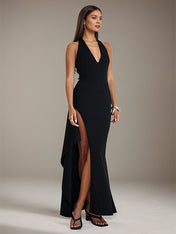 Black Stretch Crepe V Neck Sleeveless Open Back Dress with High Slit