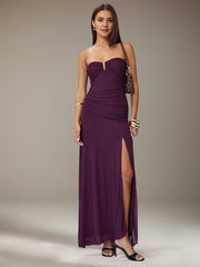 Grape Chiffon Off the Shoulder Sleeveless Asymmetrical Length Dress with High Slit