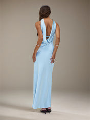 Sky Blue Satin Halter Neck Sleeveless Floor Length Formal Dress